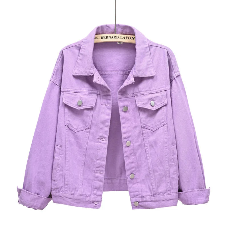 Pink Denim Jacket Women's Spring Autumn Single-breasted Lapel Coat Fashion Green Black Red Blue Outerwear Female Jean Overcoat