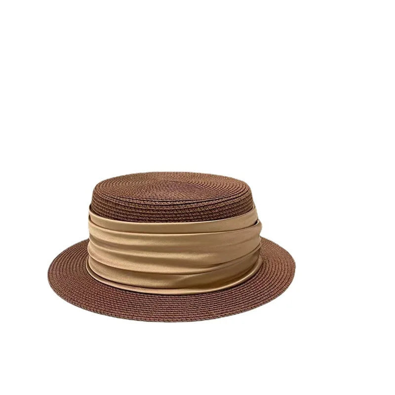 Woman 5cm Wide Brim Straw Top Hat Female Sunshade Billycock Advanced Satin Decorative Outdoor Sun Beach Caps