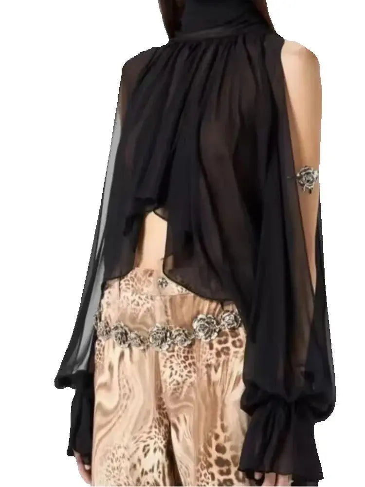 2025 Summer Women's Vintage Translucent Black Flare Sleeve Ruffles Tierred Shirts Lady Elegant Chiffon High Neck Layered Blouses