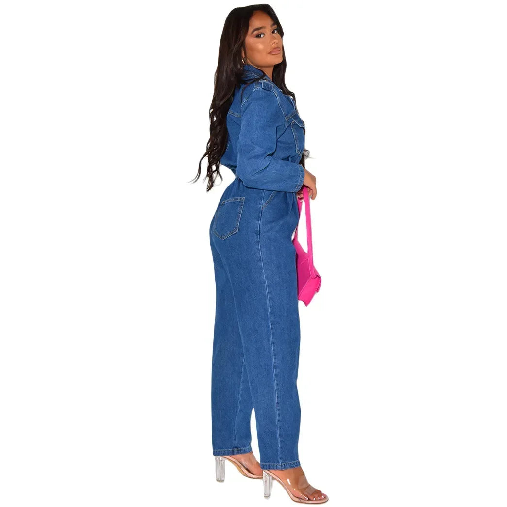 Jumpsuit Women Denim Overalls Vintage One Pieces Jeans Stretch Long Sleeve Casual Romper Overalls Streetwear Female Jumpsuits