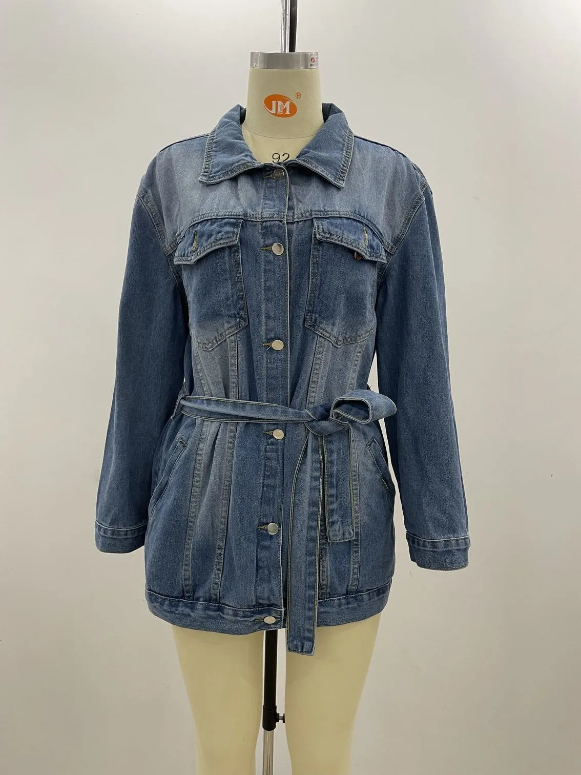 Denim Coat Women Mid Length Coats Turn Down Collar Y2k Jackets Open Stitch Lace Up High Waist Single Breasted Jackets Streetwear