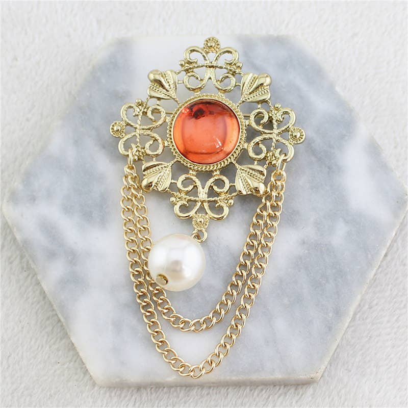 Retro Filigree Brooches with Dangling Chains and Pearls