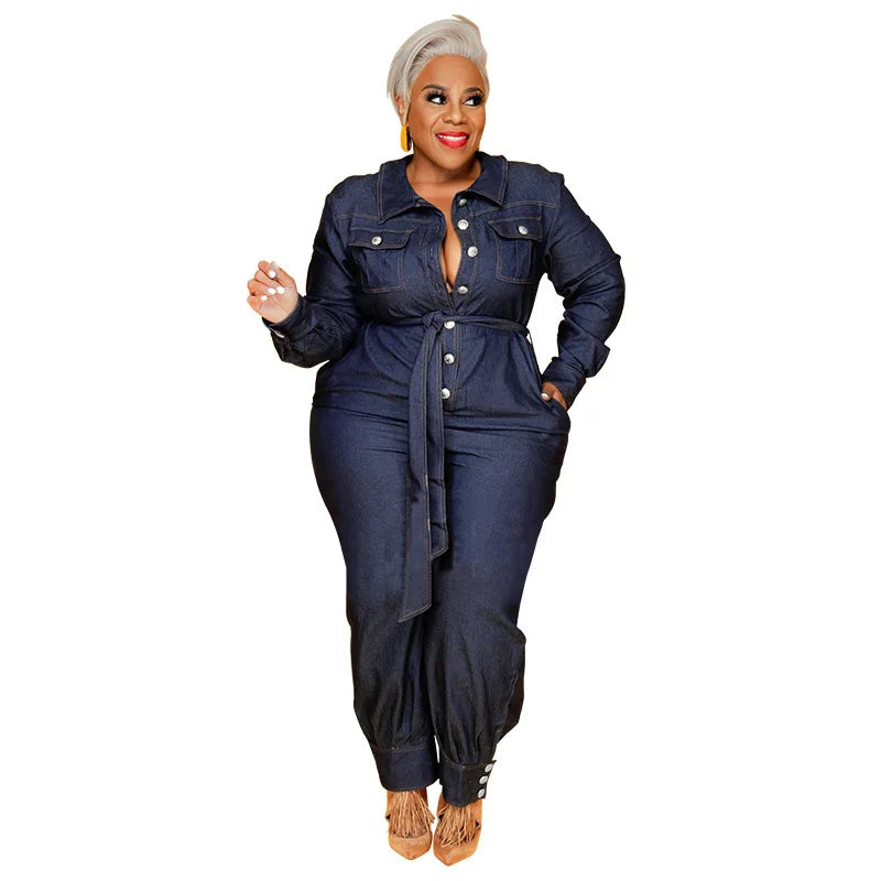 Streetwear Women Plus Size Denim Jumpsuits Turn-down Collar Single-breasted High Waist Sashes Pure Color Rompers 2021 Autumn