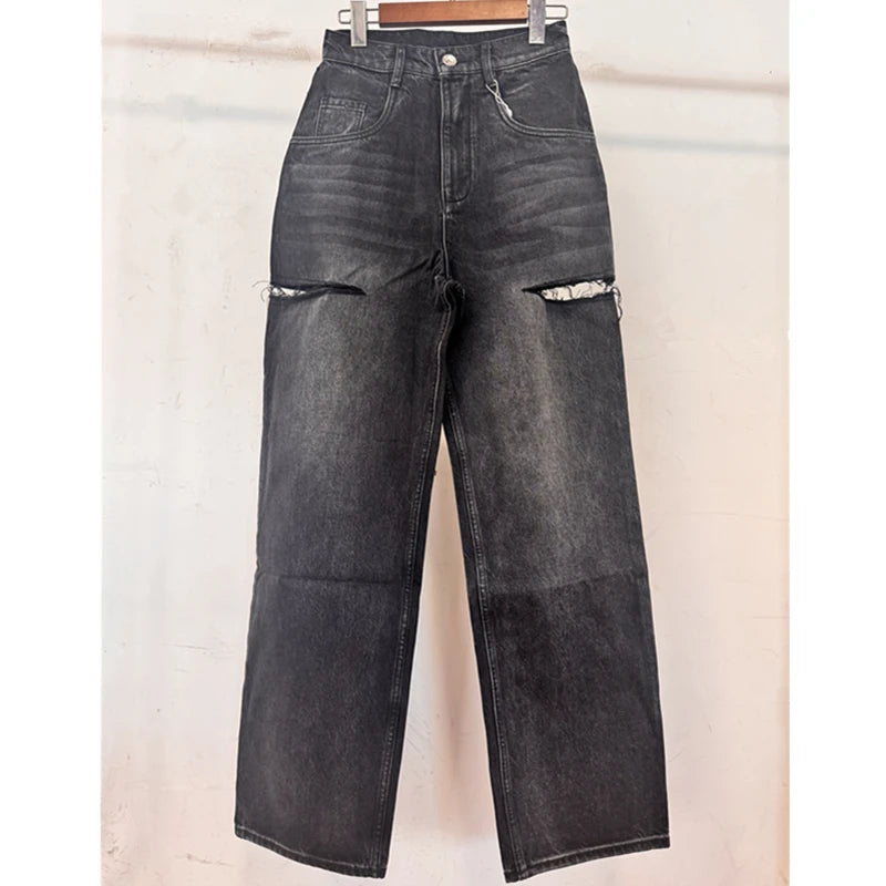 Dave&Di Summer British High Street Retro Loose Jeans With High Waist Wide Legs Broken Jeans For Women Boyfriend Style Mom Jeans