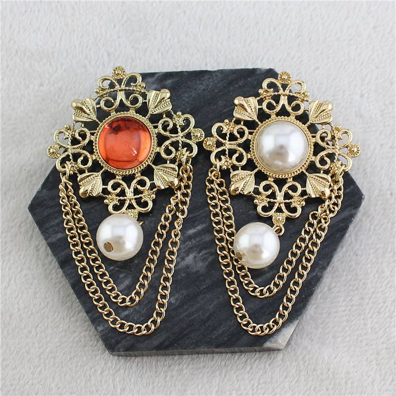 Retro Filigree Brooches with Dangling Chains and Pearls
