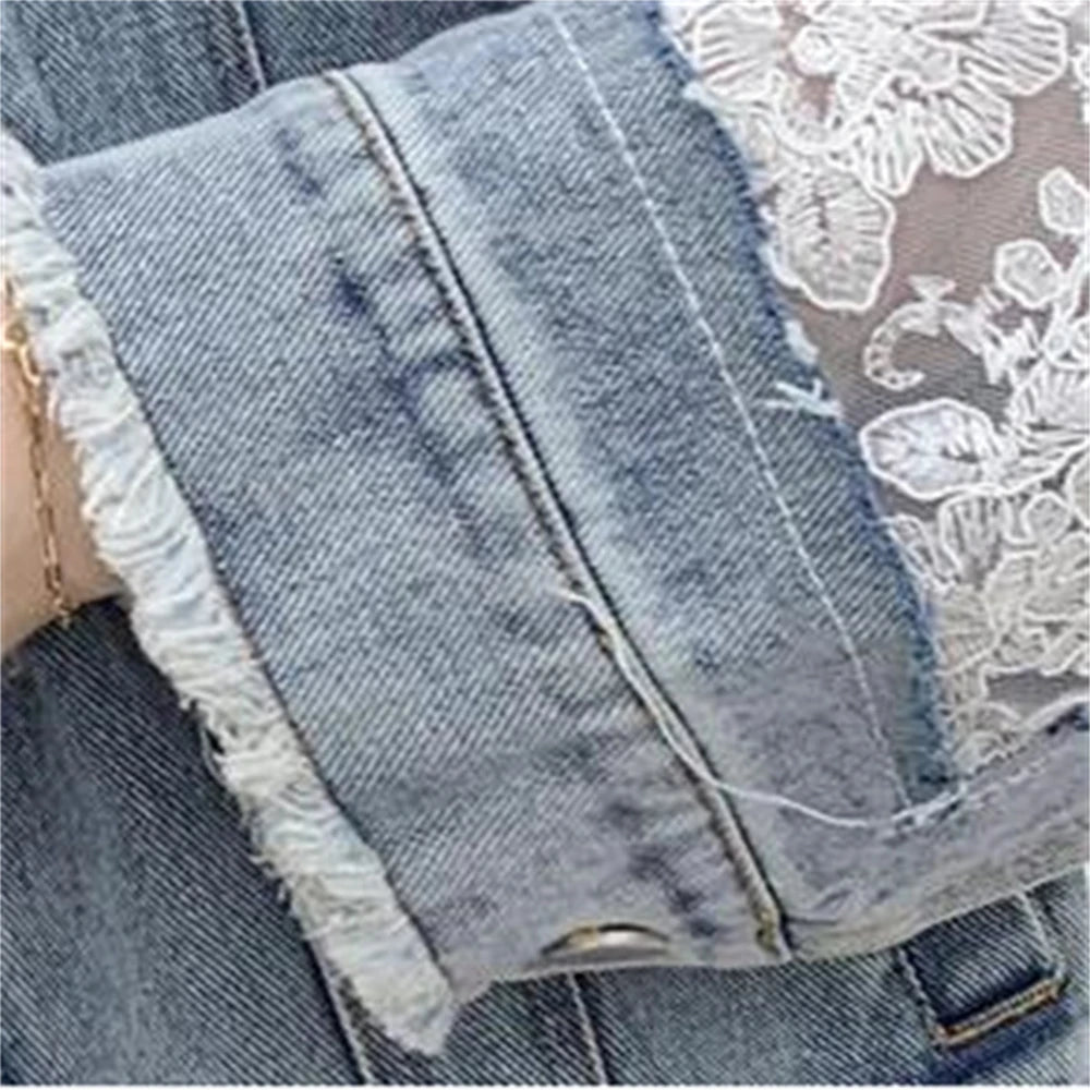 Denim Jacket Women Casual Long Sleeve Coat Lace Patchwork Jeans Tops Women Sexy Perspective Embroidery Flower Outerwear Spring