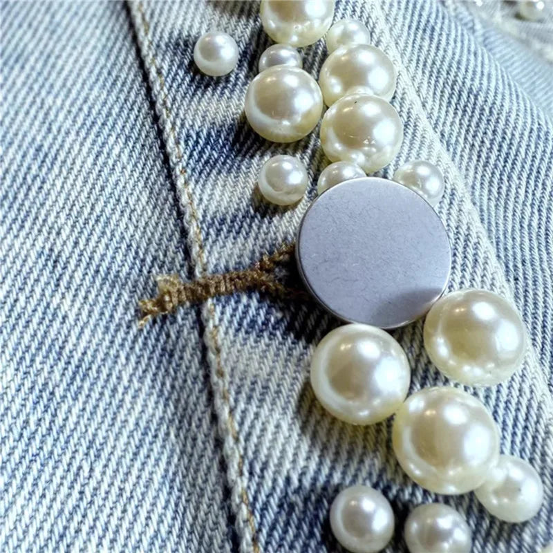 Autumn Women Vintage Light Blue Short Denim Jacket Pearl Beading Frayed Burrs Pocket Long Sleeve Jeans Jacket Coat Streetwear