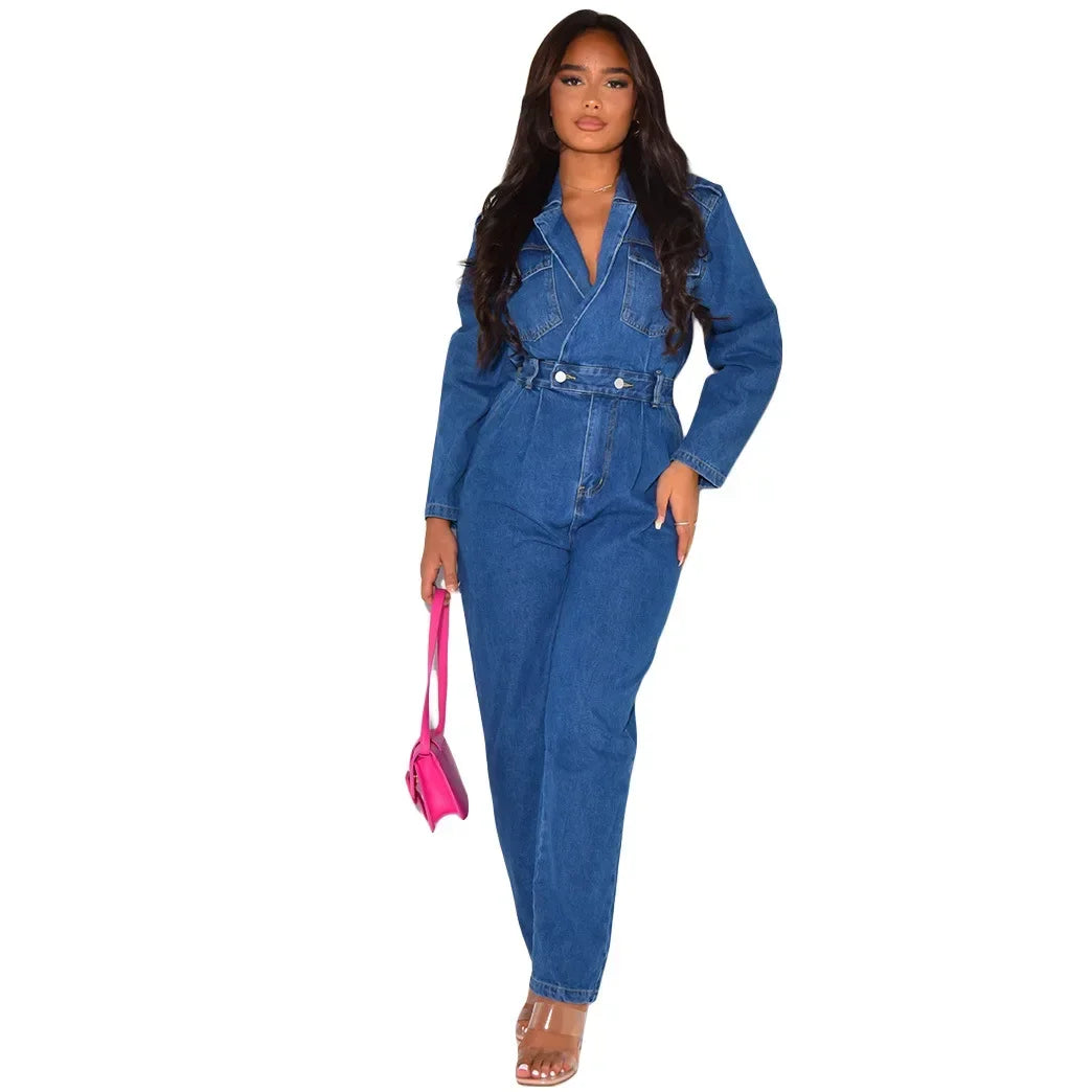 Jumpsuit Women Denim Overalls Vintage One Pieces Jeans Stretch Long Sleeve Casual Romper Overalls Streetwear Female Jumpsuits