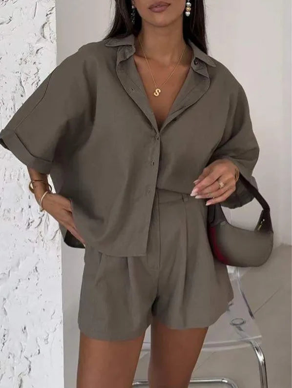 Summer Women's Casual Collar Half Sleeved Top Shorts Two-piece Set 2025 Solid Color Simple T-shirt Top+shorts Set For Wearing