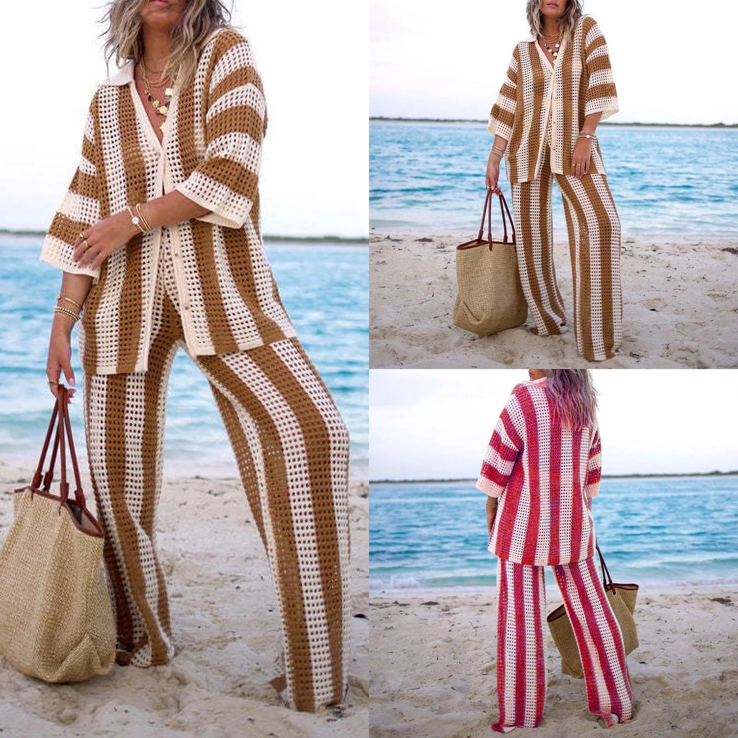 Summer Fashion V-Neck Hollow Striped Shirt Loose Knitted Wide Leg Pants Set Women