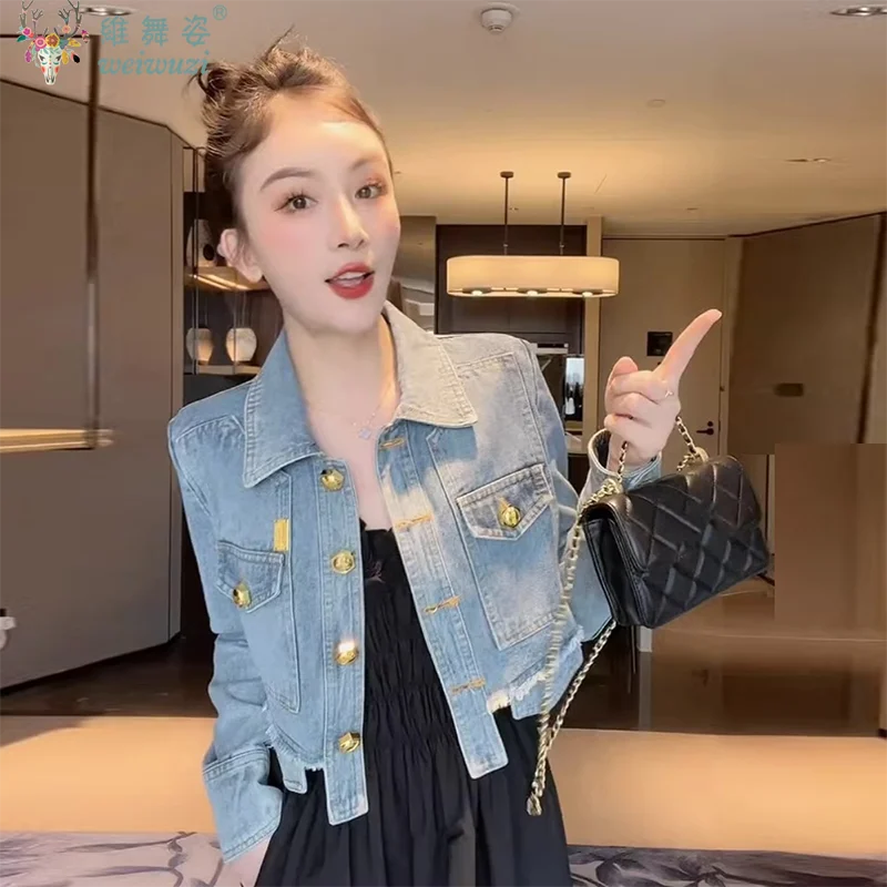 Fashion Women Short Denim Jacket Practical Pocket Causal Jean Coat Autumn Top Versatile Street Wear Long Sleeve Short Outerwear