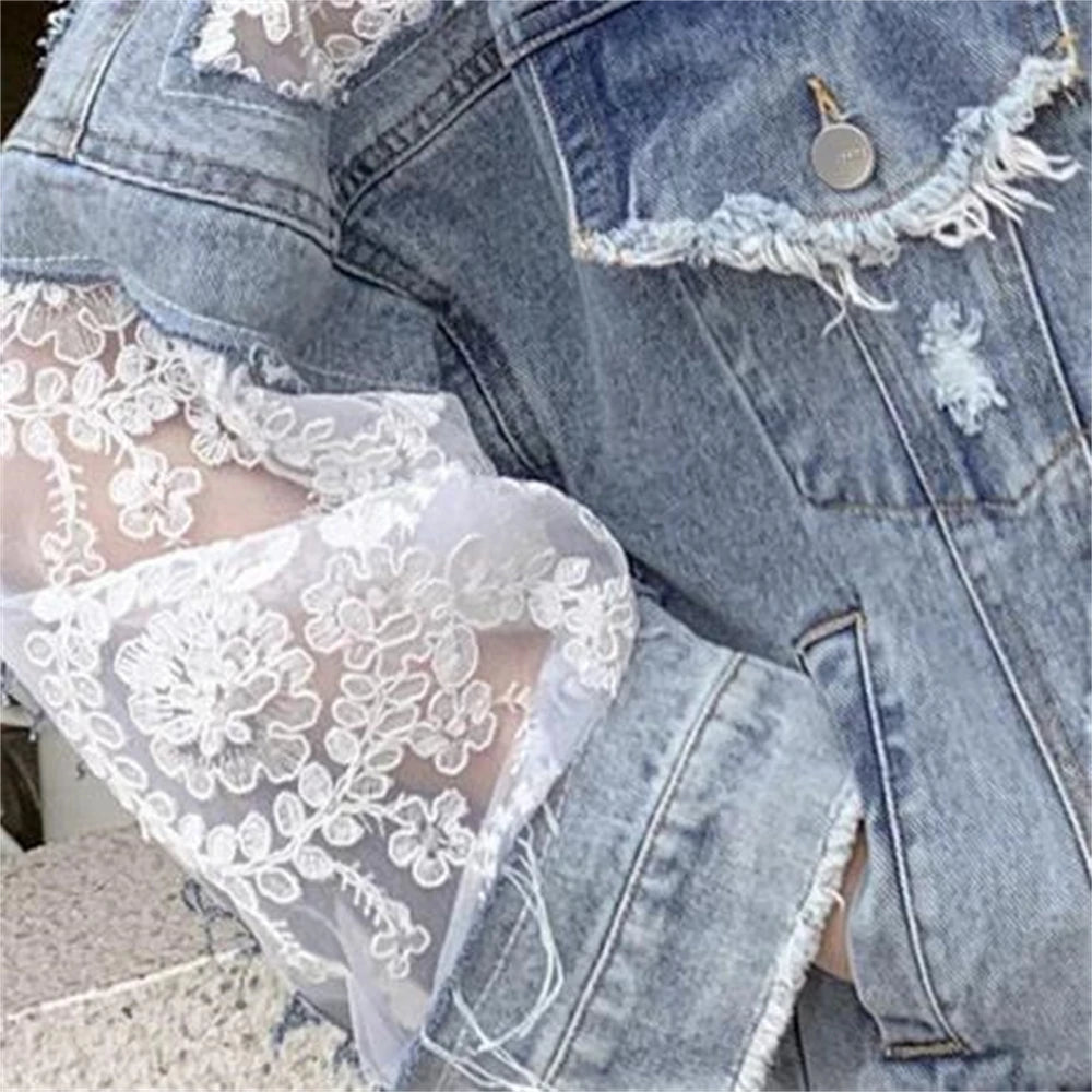 Denim Jacket Women Casual Long Sleeve Coat Lace Patchwork Jeans Tops Women Sexy Perspective Embroidery Flower Outerwear Spring