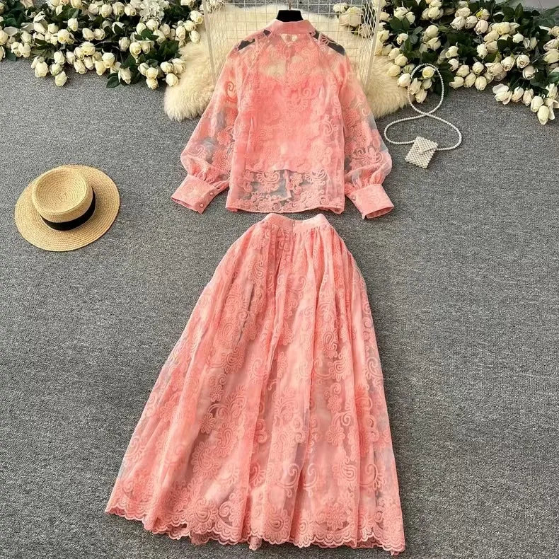 Elegant 2 Piece Long Dress Women Skirt Set Summer Autumn Flower Embroidery Hollow Out Lace Shirt A Line Midi Skirt Party Dresses
