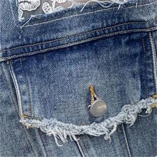 Denim Jacket Women Casual Long Sleeve Coat Lace Patchwork Jeans Tops Women Sexy Perspective Embroidery Flower Outerwear Spring