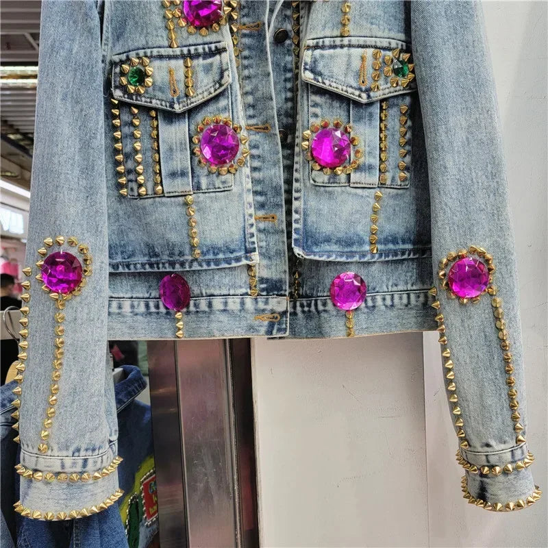 Streetwear Diamonds Rivet Big Pocket Long Sleeve Denim Jacket Women Casual Cowboy Outerwear Loose Short Jeans Jacket Coat Female