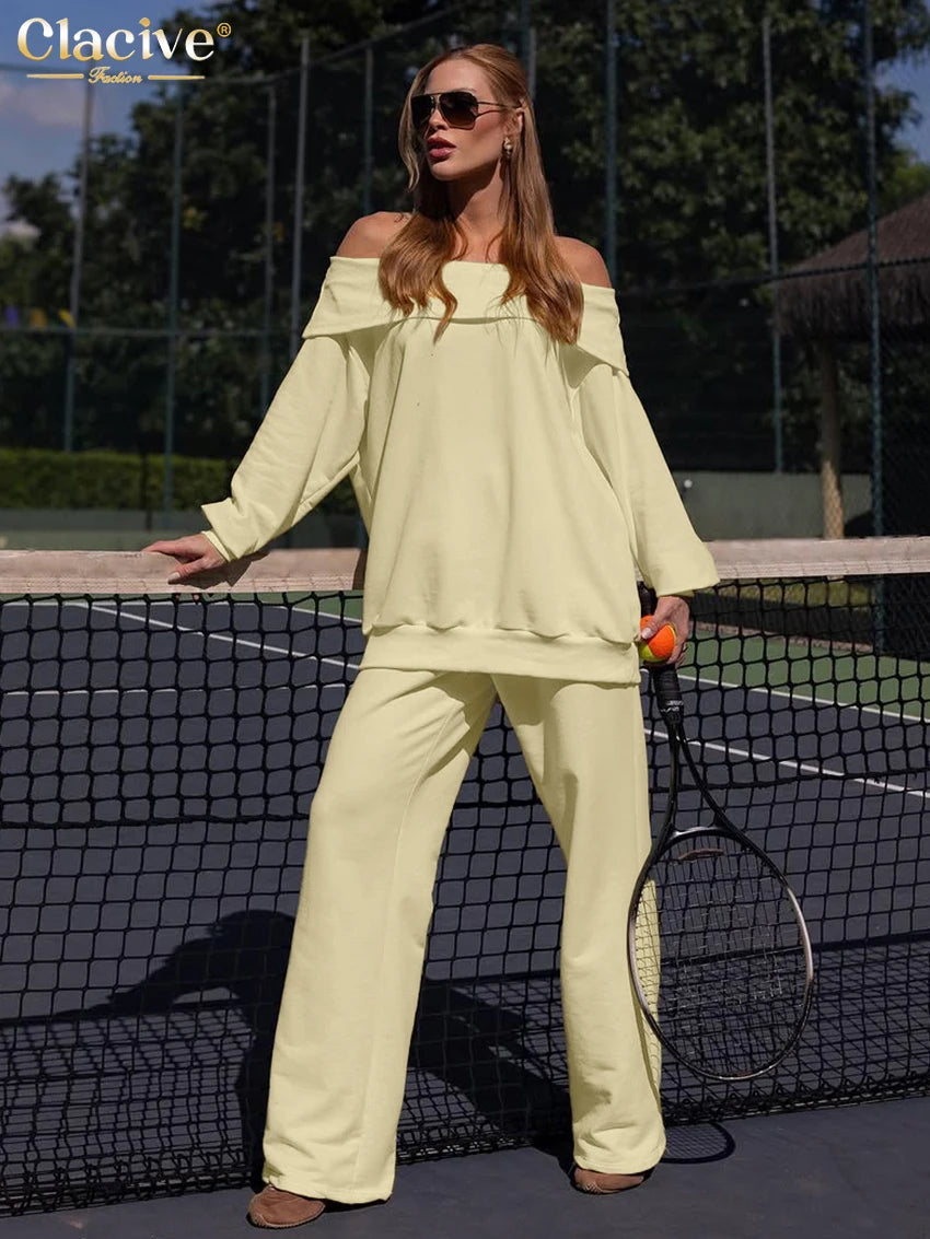 Clacive Fashion Loose Brown 2 Piece Set Women 2025 Winter Long Sleeve Shirt With High Waist Wide Pants Set Female Streetwear