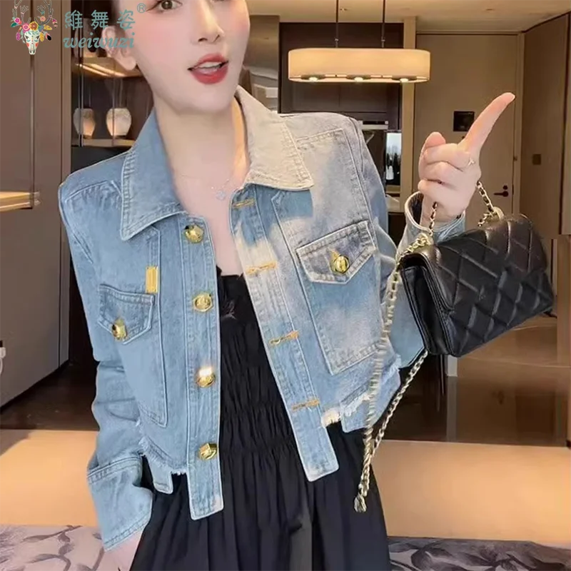 Fashion Women Short Denim Jacket Practical Pocket Causal Jean Coat Autumn Top Versatile Street Wear Long Sleeve Short Outerwear