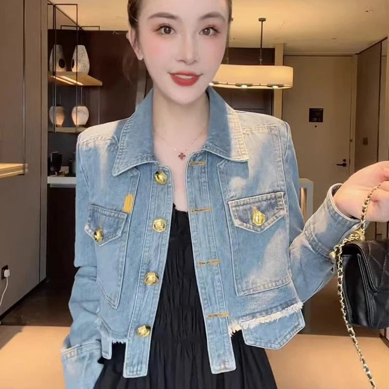 Fashion Women Short Denim Jacket Practical Pocket Causal Jean Coat Autumn Top Versatile Street Wear Long Sleeve Short Outerwear
