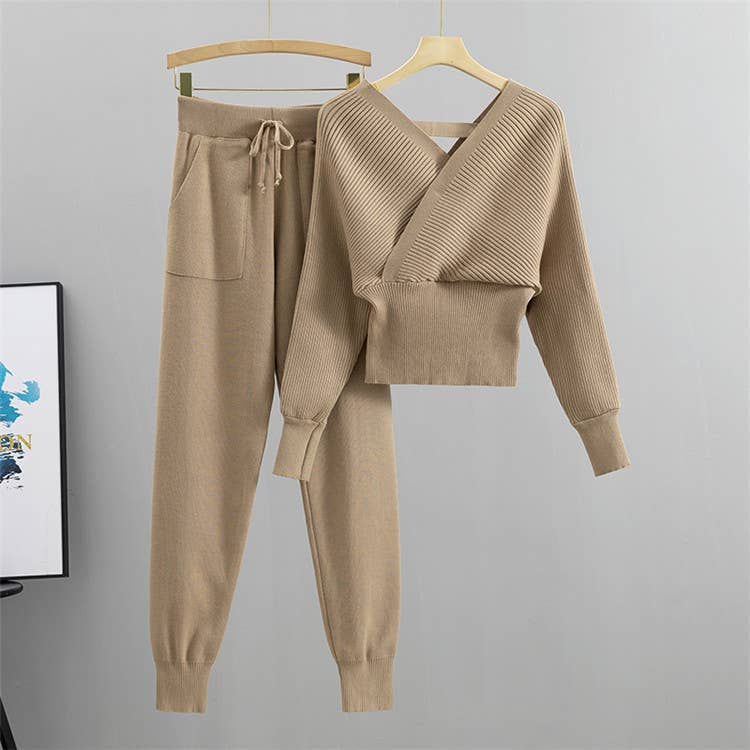 Off the shoulder sweater rib knit cozy Lounge Set