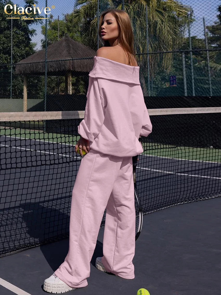 Clacive Fashion Loose Brown 2 Piece Set Women 2025 Winter Long Sleeve Shirt With High Waist Wide Pants Set Female Streetwear