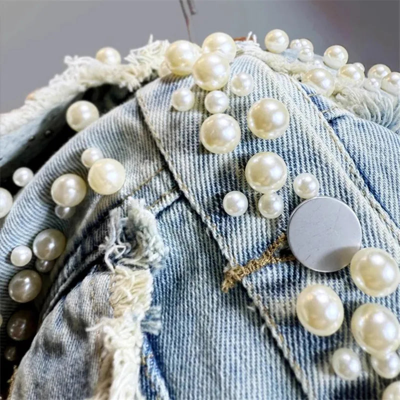 Autumn Women Vintage Light Blue Short Denim Jacket Pearl Beading Frayed Burrs Pocket Long Sleeve Jeans Jacket Coat Streetwear