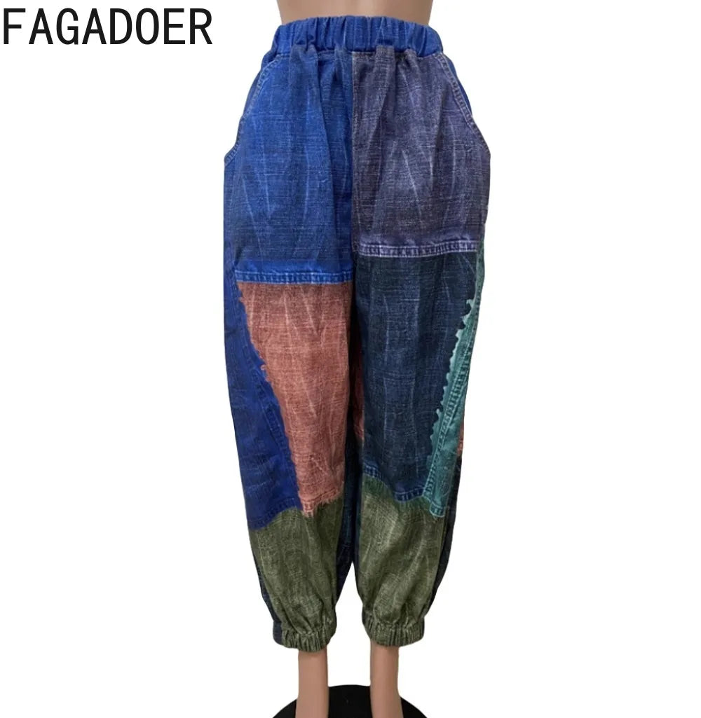 FAGADOER Fashion Color Block Denim Pants Women Pockets Patchwork Loose Wide Leg Jeans Female Streetwear Trousers 2025 Autumn New