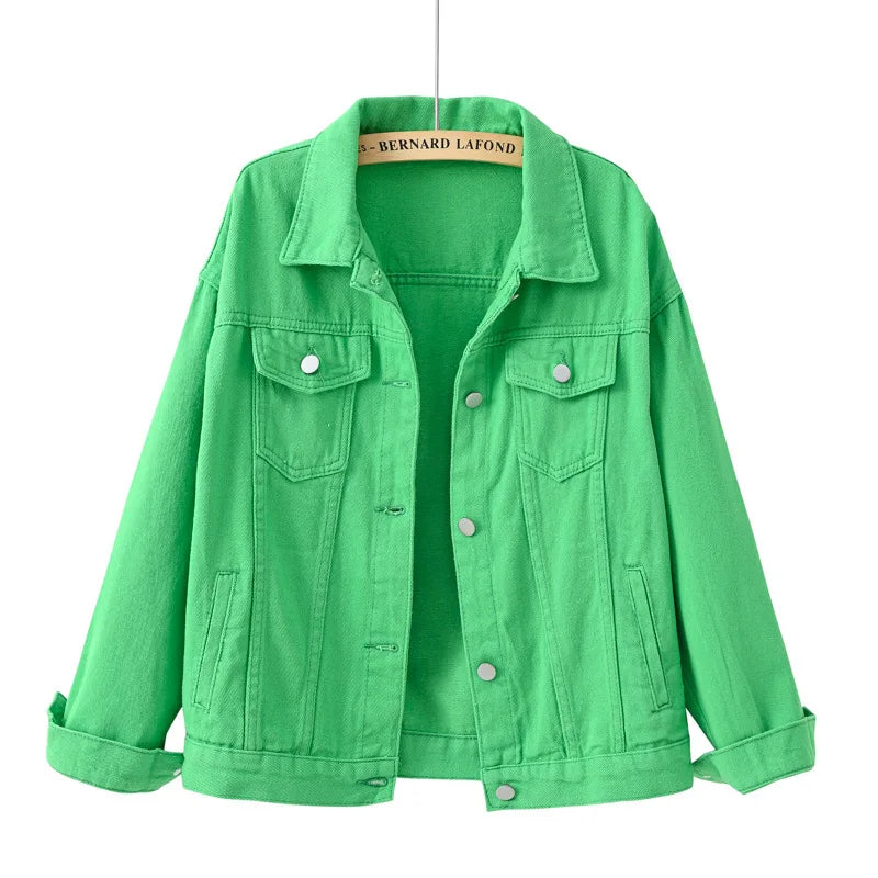 Pink Denim Jacket Women's Spring Autumn Single-breasted Lapel Coat Fashion Green Black Red Blue Outerwear Female Jean Overcoat