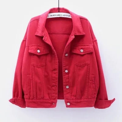 Pink Denim Jacket Women's Spring Autumn Single-breasted Lapel Coat Fashion Green Black Red Blue Outerwear Female Jean Overcoat