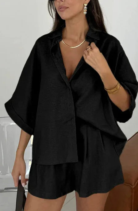 Summer Women's Casual Collar Half Sleeved Top Shorts Two-piece Set 2025 Solid Color Simple T-shirt Top+shorts Set For Wearing