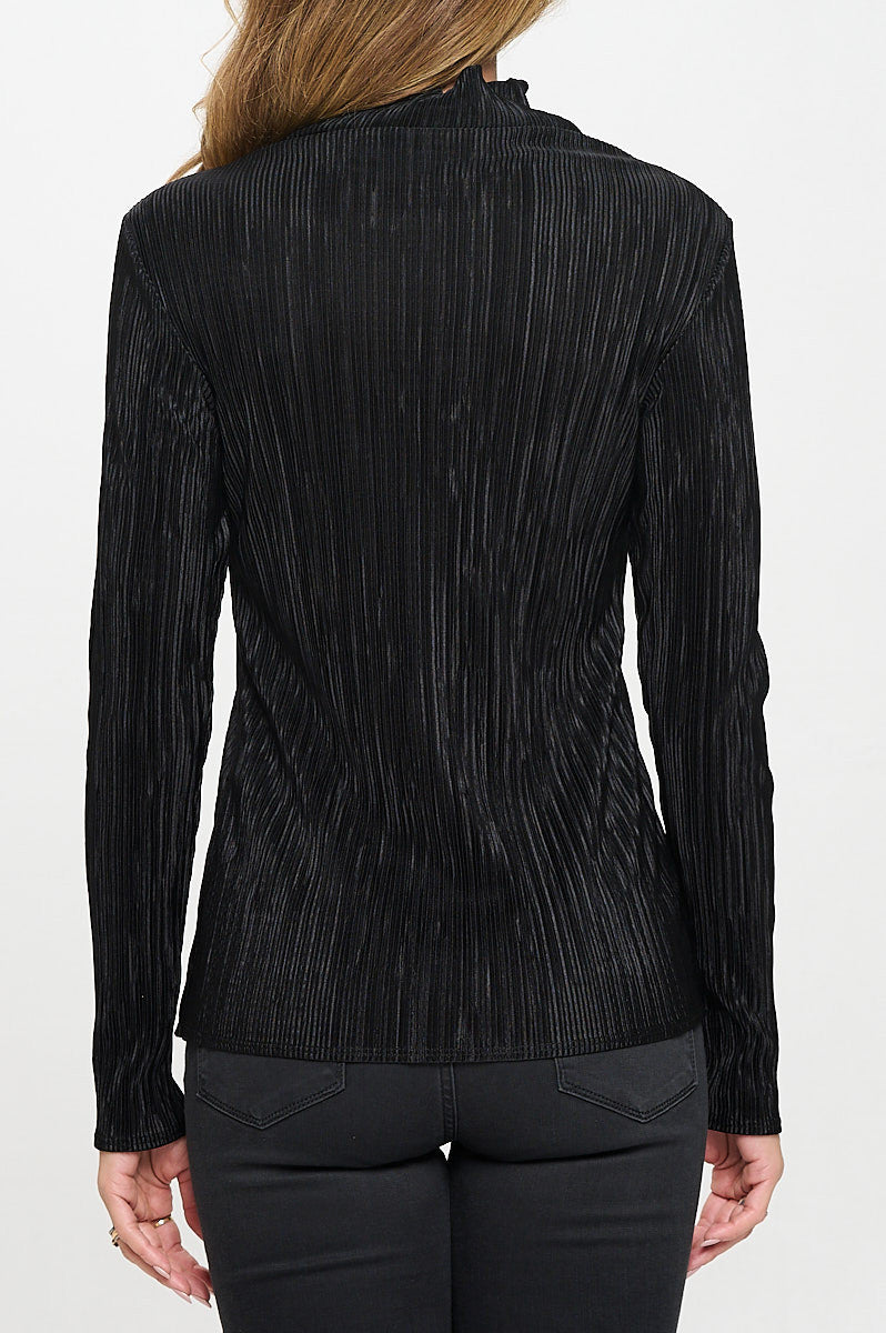 Plisse Long Sleeve Mock Neck Top